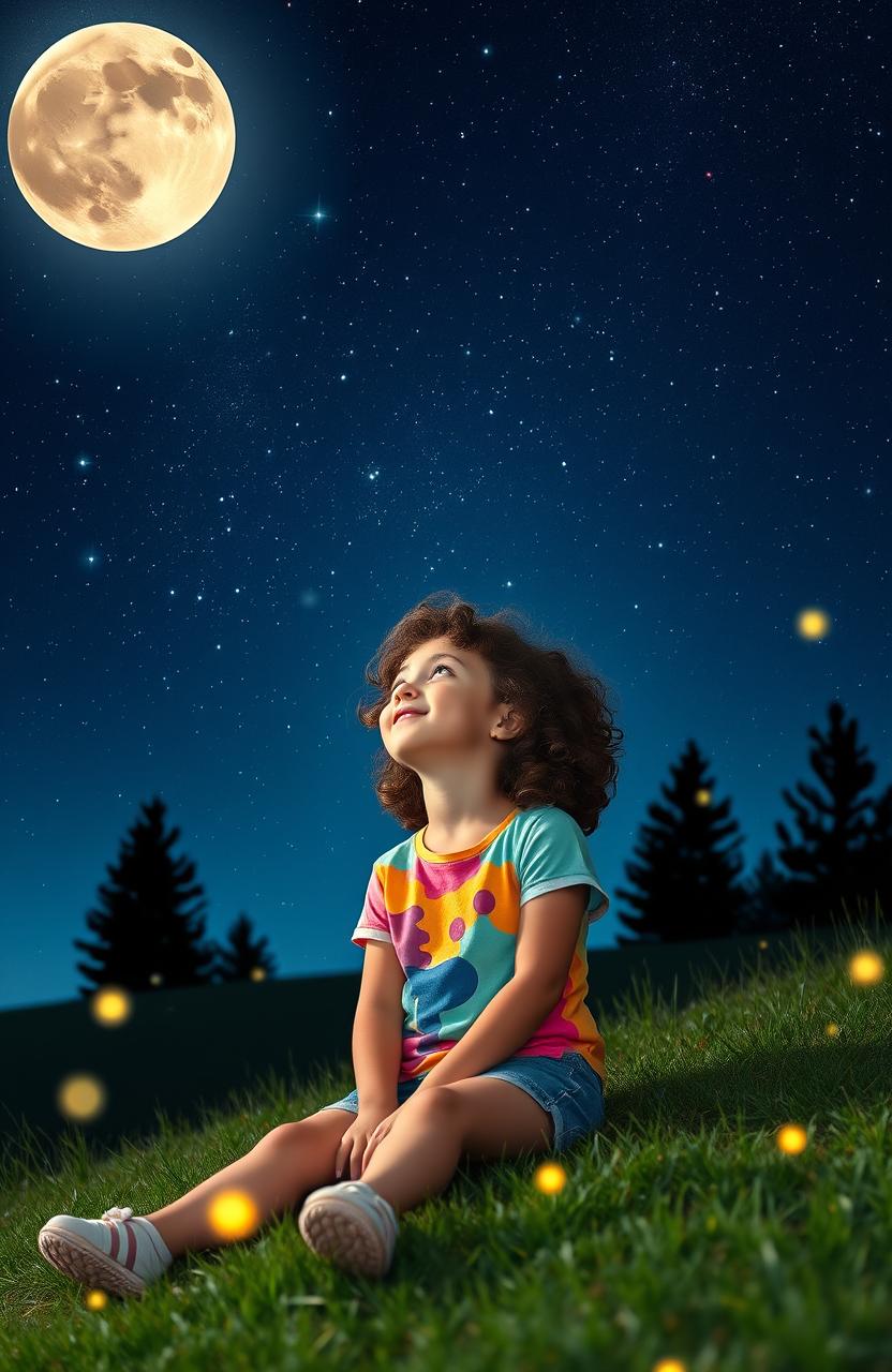 A young girl with curly brown hair sitting on a grassy hill, gazing up at a night sky filled with bright stars and a large, glowing full moon