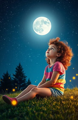 A young girl with curly brown hair sitting on a grassy hill, gazing up at a night sky filled with bright stars and a large, glowing full moon
