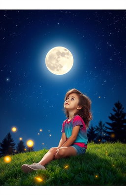 A young girl with curly brown hair sitting on a grassy hill, gazing up at a night sky filled with bright stars and a large, glowing full moon