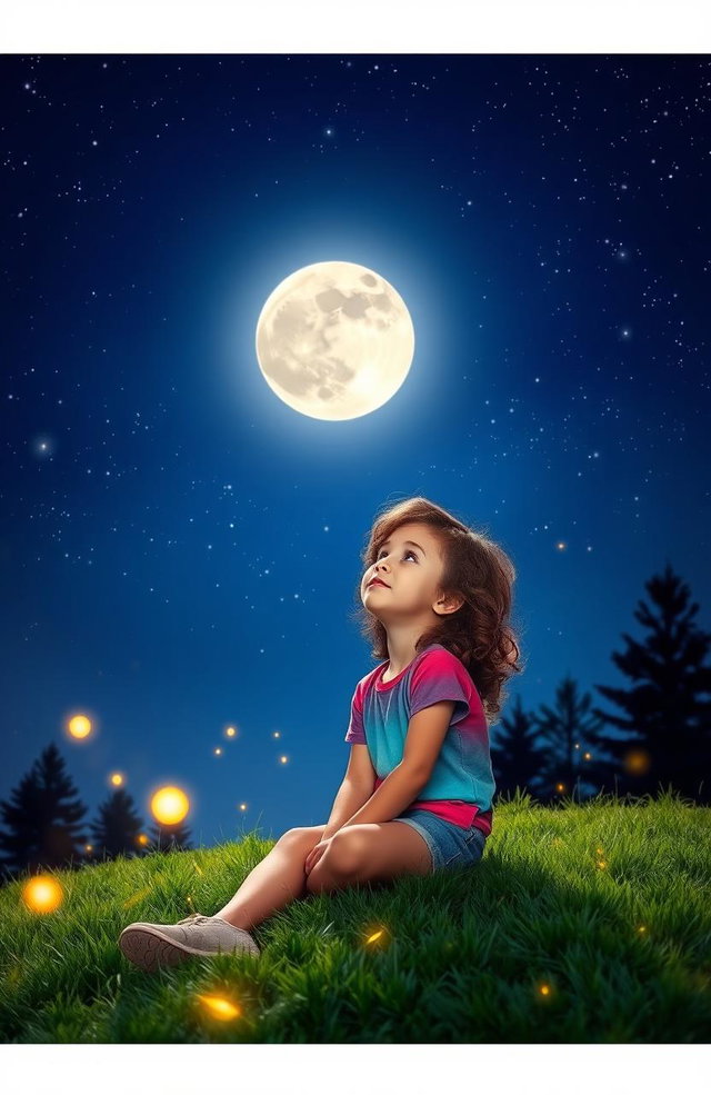 A young girl with curly brown hair sitting on a grassy hill, gazing up at a night sky filled with bright stars and a large, glowing full moon