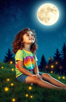 A young girl with curly brown hair sitting on a grassy hill, gazing up at a night sky filled with bright stars and a large, glowing full moon