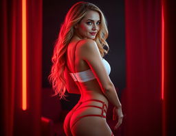 A stunning and cheerful blonde woman with long, wavy hair and striking blue eyes poses from the side in a luxurious boudoir setting