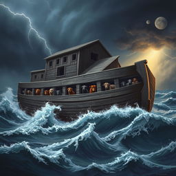 A realistic and harsh depiction of Noah’s Ark amidst a stormy sea