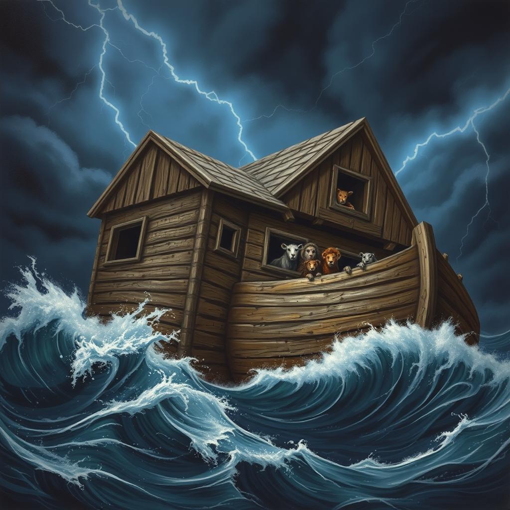 A realistic and harsh depiction of Noah’s Ark amidst a stormy sea