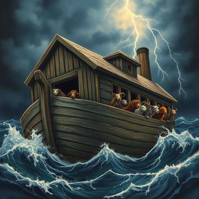 A realistic and harsh depiction of Noah’s Ark amidst a stormy sea