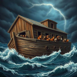 A realistic and harsh depiction of Noah’s Ark amidst a stormy sea