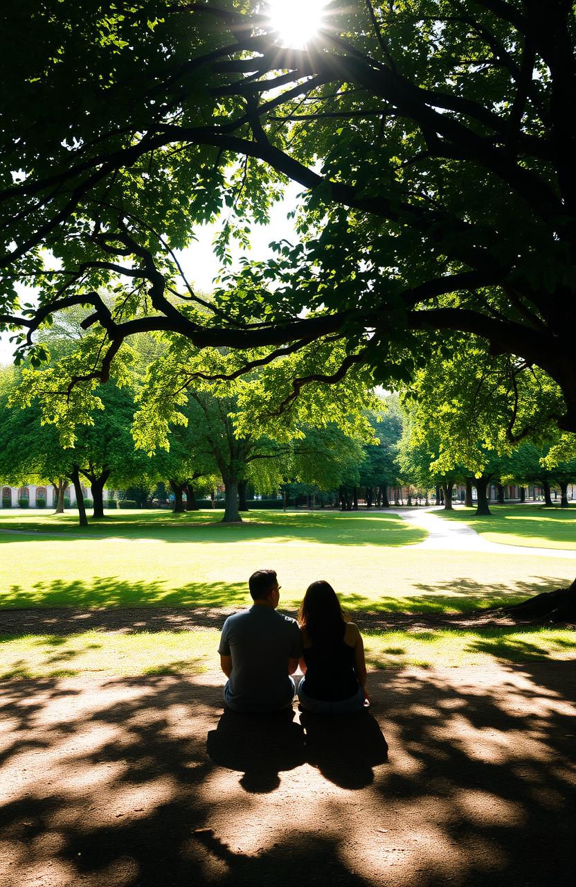 A serene park setting featuring the shadow of a man and a woman sitting side by side under a large, leafy tree