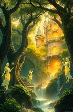 An enchanting fantasy scene set in a mystical kingdom, where ethereal souls are visible amongst ancient, towering trees and shimmering waterfalls