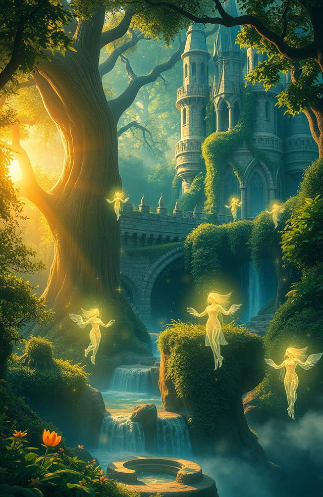 An enchanting fantasy scene set in a mystical kingdom, where ethereal souls are visible amongst ancient, towering trees and shimmering waterfalls