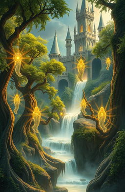 An enchanting fantasy scene set in a mystical kingdom, where ethereal souls are visible amongst ancient, towering trees and shimmering waterfalls