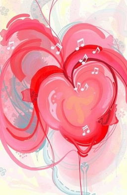 An abstract painting representing the theme of 'The Song of the Heart', featuring vibrant colors like deep reds, soft pinks, and calming blues