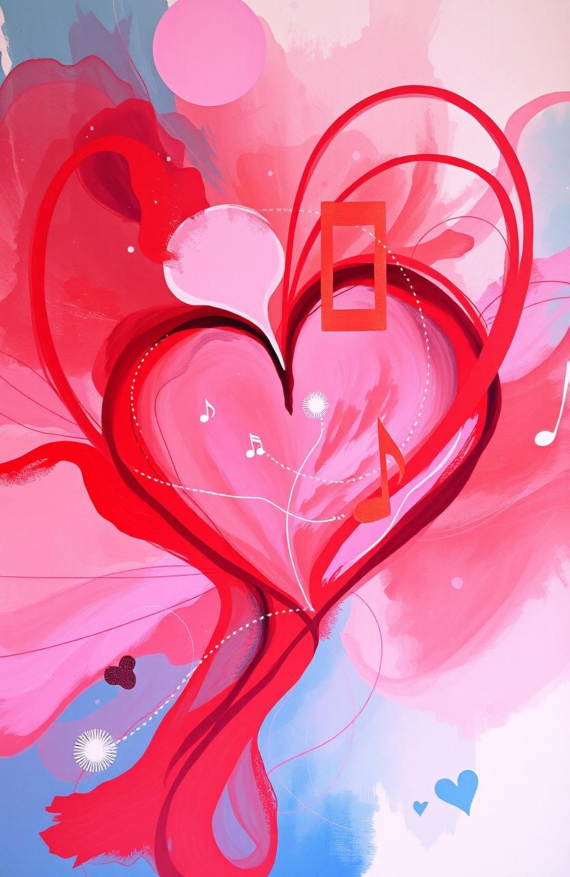An abstract painting representing the theme of 'The Song of the Heart', featuring vibrant colors like deep reds, soft pinks, and calming blues
