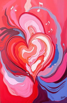 An abstract painting representing the theme of 'The Song of the Heart', featuring vibrant colors like deep reds, soft pinks, and calming blues