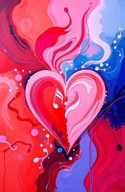 An abstract painting representing the theme of 'The Song of the Heart', featuring vibrant colors like deep reds, soft pinks, and calming blues