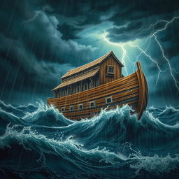 A realistic depiction of Noah's Ark in a dramatic storm, with dark, swirling clouds and intense, harsh thunder lighting up the sky