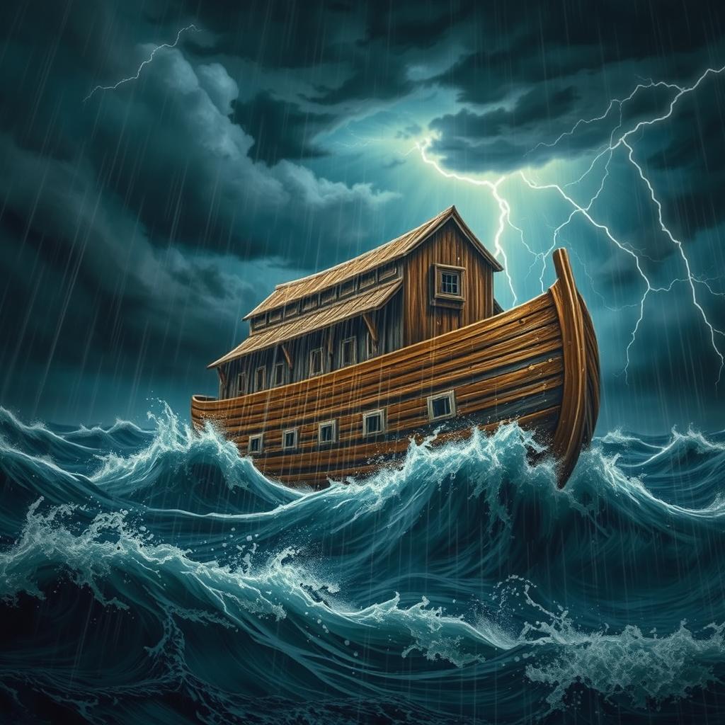 A realistic depiction of Noah's Ark in a dramatic storm, with dark, swirling clouds and intense, harsh thunder lighting up the sky
