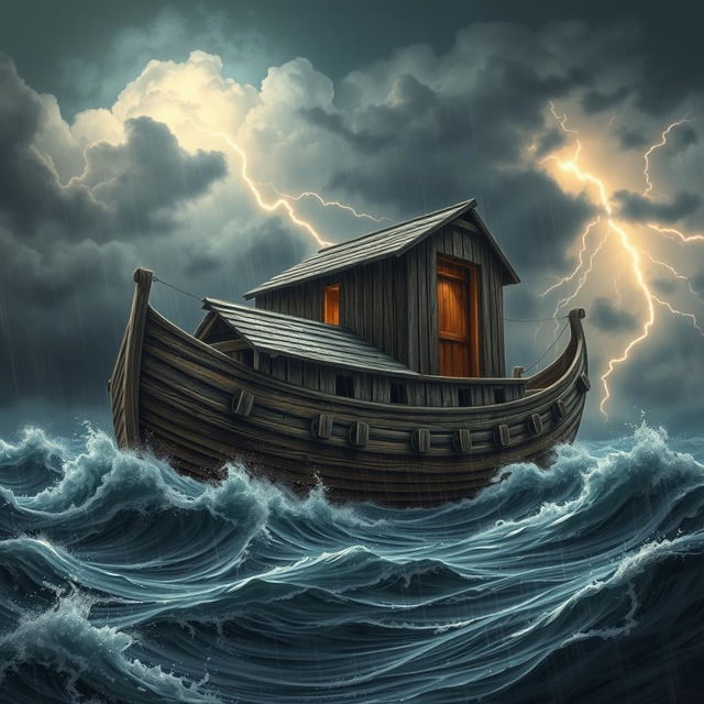 A realistic depiction of Noah's Ark in a dramatic storm, with dark, swirling clouds and intense, harsh thunder lighting up the sky