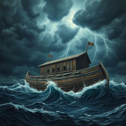 A realistic depiction of Noah's Ark in a dramatic storm, with dark, swirling clouds and intense, harsh thunder lighting up the sky