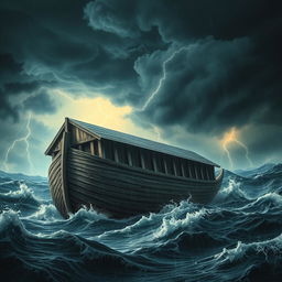 A realistic depiction of Noah's Ark in a dramatic storm, with dark, swirling clouds and intense, harsh thunder lighting up the sky