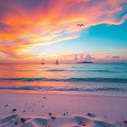 A serene seascape featuring a tranquil azure sea with gentle waves lapping against a sandy beach, under a vibrant sunset sky filled with hues of orange, pink, and purple