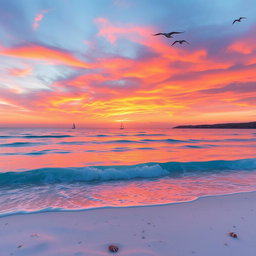 A serene seascape featuring a tranquil azure sea with gentle waves lapping against a sandy beach, under a vibrant sunset sky filled with hues of orange, pink, and purple