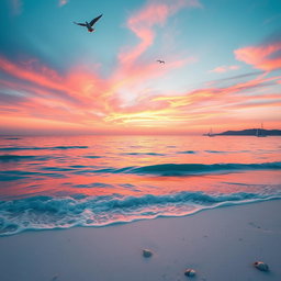 A serene seascape featuring a tranquil azure sea with gentle waves lapping against a sandy beach, under a vibrant sunset sky filled with hues of orange, pink, and purple