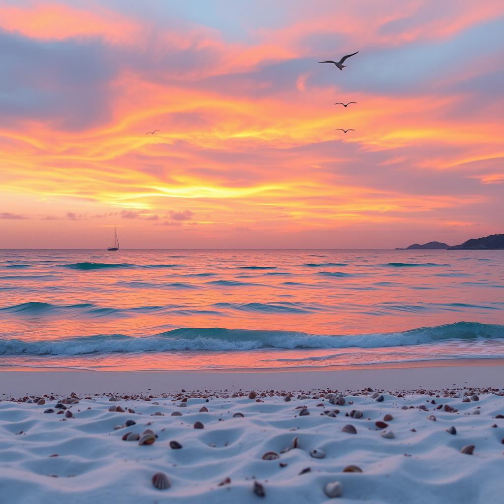 A serene seascape featuring a tranquil azure sea with gentle waves lapping against a sandy beach, under a vibrant sunset sky filled with hues of orange, pink, and purple