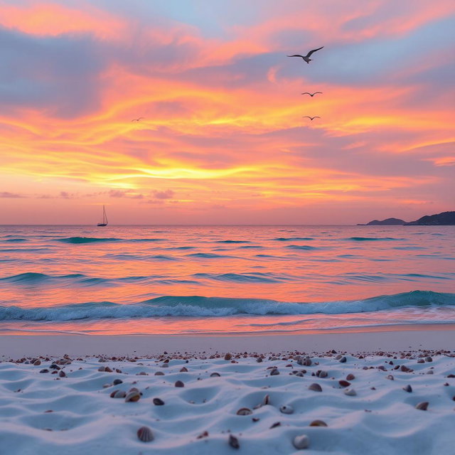 A serene seascape featuring a tranquil azure sea with gentle waves lapping against a sandy beach, under a vibrant sunset sky filled with hues of orange, pink, and purple