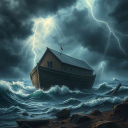 A realistic depiction of Noah's Ark on a harsh, stormy landscape, with dark ominous clouds overhead
