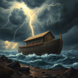 A realistic depiction of Noah's Ark on a harsh, stormy landscape, with dark ominous clouds overhead