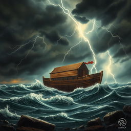 A realistic depiction of Noah's Ark on a harsh, stormy landscape, with dark ominous clouds overhead