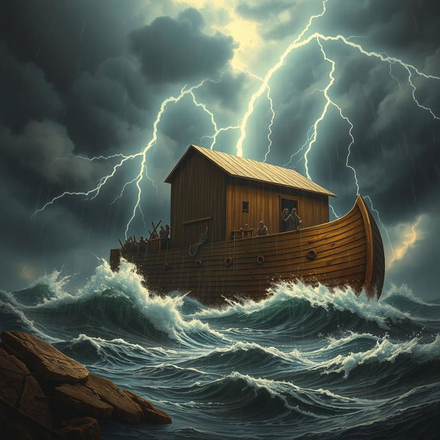 A realistic depiction of Noah's Ark on a harsh, stormy landscape, with dark ominous clouds overhead