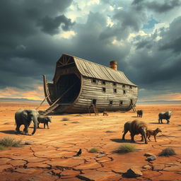 A realistic depiction of Noah's Ark resting on land, showcasing a weathered, wooden structure with intricate details