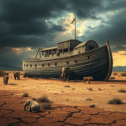 A realistic depiction of Noah's Ark resting on land, showcasing a weathered, wooden structure with intricate details
