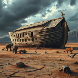 A realistic depiction of Noah's Ark resting on land, showcasing a weathered, wooden structure with intricate details