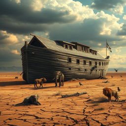 A realistic depiction of Noah's Ark resting on land, showcasing a weathered, wooden structure with intricate details