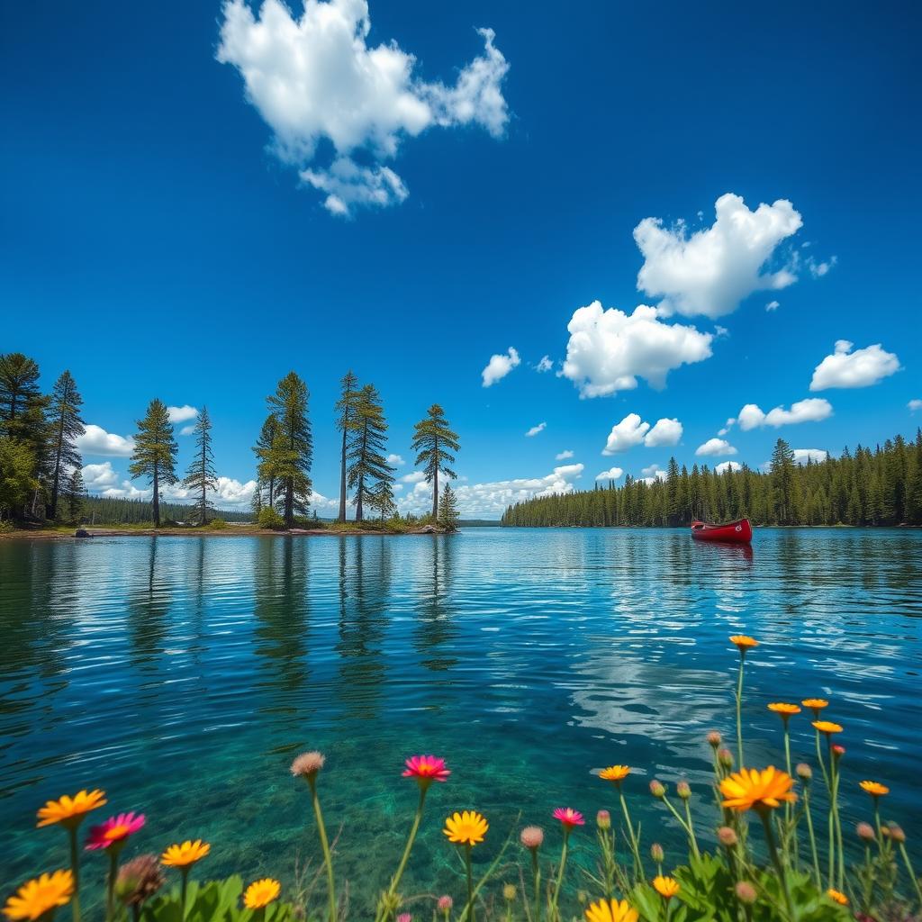 A mesmerizing image of a quiet serene lake surrounded by tall pine trees under a deep blue sky with soft, fluffy clouds