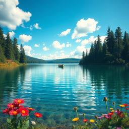 A mesmerizing image of a quiet serene lake surrounded by tall pine trees under a deep blue sky with soft, fluffy clouds