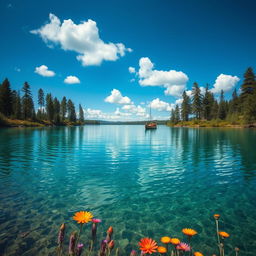 A mesmerizing image of a quiet serene lake surrounded by tall pine trees under a deep blue sky with soft, fluffy clouds