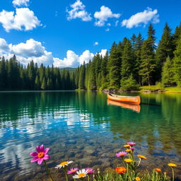 A mesmerizing image of a quiet serene lake surrounded by tall pine trees under a deep blue sky with soft, fluffy clouds