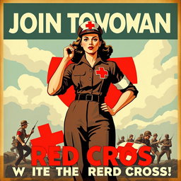 A vintage-style recruitment poster aimed at women to join the war effort with the Red Cross
