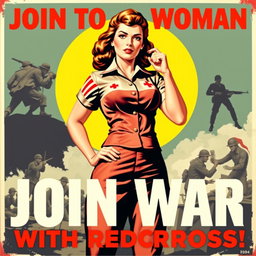 A vintage-style recruitment poster aimed at women to join the war effort with the Red Cross