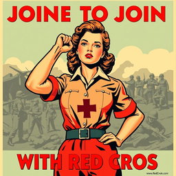 A vintage-style recruitment poster aimed at women to join the war effort with the Red Cross