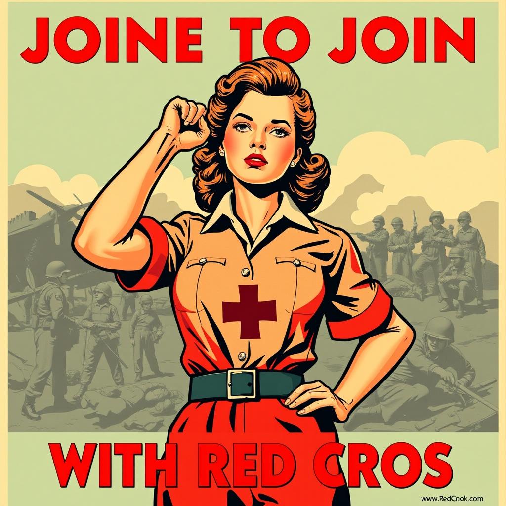 A vintage-style recruitment poster aimed at women to join the war effort with the Red Cross