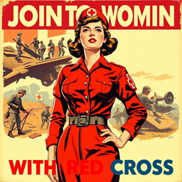 A vintage-style recruitment poster aimed at women to join the war effort with the Red Cross