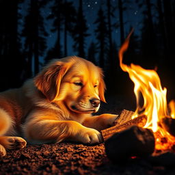 A loving dog lying peacefully next to a warm campfire at night