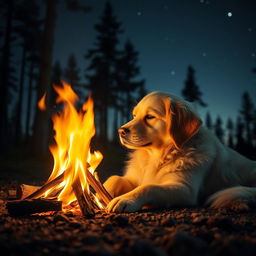 A loving dog lying peacefully next to a warm campfire at night