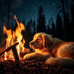 A loving dog lying peacefully next to a warm campfire at night