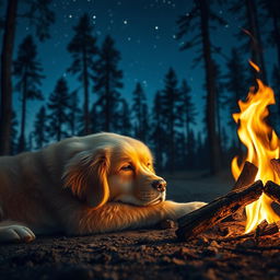 A loving dog lying peacefully next to a warm campfire at night