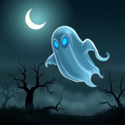 A stylized ghost resembling a specter from popular video games, floating ethereally above a spooky, desolate landscape at night